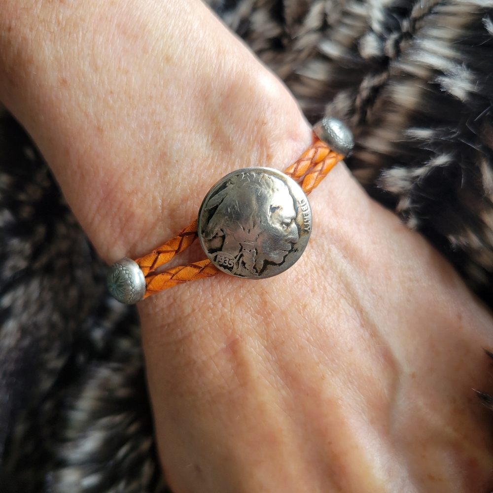 Indian Head Nickel Leather Braided Cord Studded Bracelet